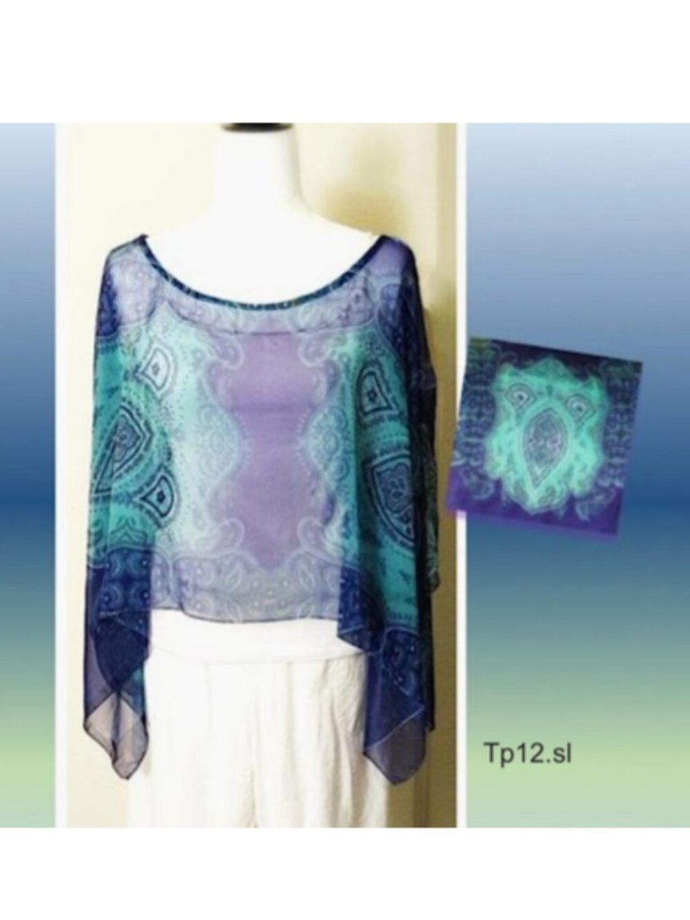Top & Scarf 2in1 Blue Green Paisley Print Sheer Chiffon Slip-on Lightweight